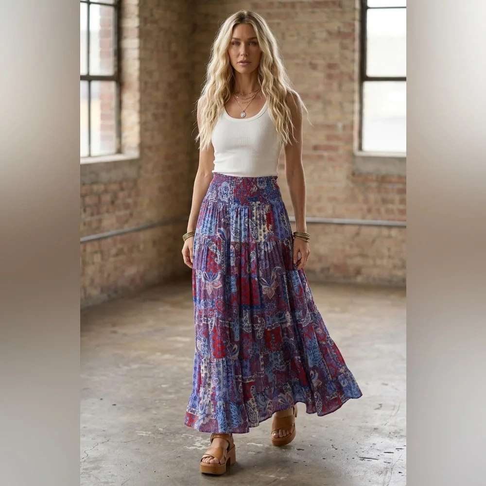 NWT Angie Clothing Boho Festival Americana Paisley Floral Smocked Maxi Skirt - Picture 1 of 8